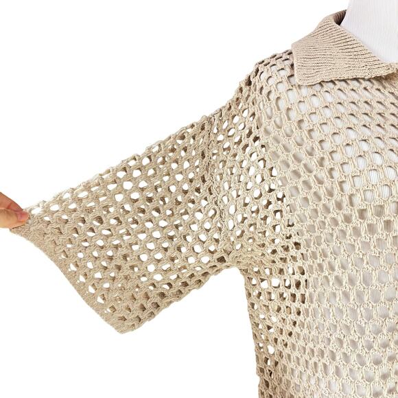 PRETTY GARBAGE NWT Short-Sleeve Open Stitch Collared Cardigan in Beige Size S - Picture 5 of 9